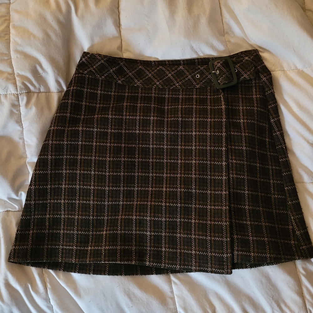 Express TriCot brown checkered belted skirt